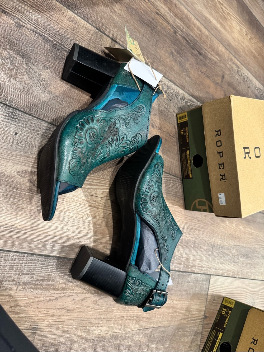 Roper Teal Floral Tooled Leather Slingback Heels with Block Heel